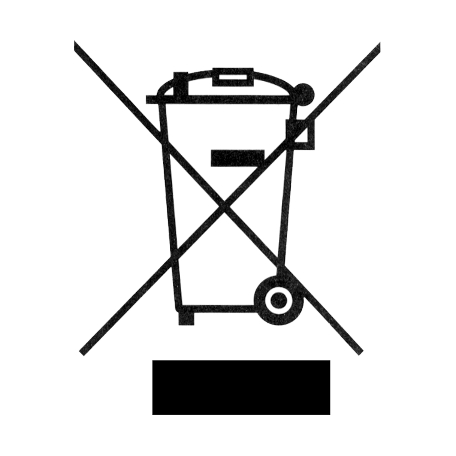 WEEE logo. Depicts a black wheelie bin symbol with a black cross through it.
